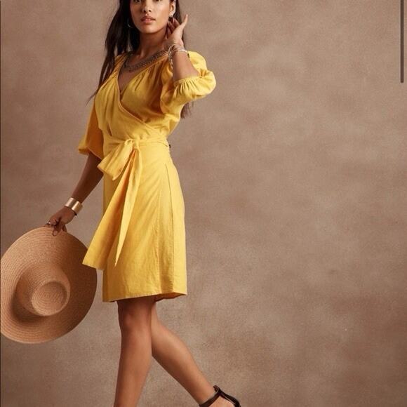 Banana Republic Linen Blend Wrap Dress Poppy Yellow Puff Sleeve SP - Picture 1 of 10